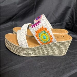 Never worn White Platform Wedge Sandals with Multicolor Crochet Accent